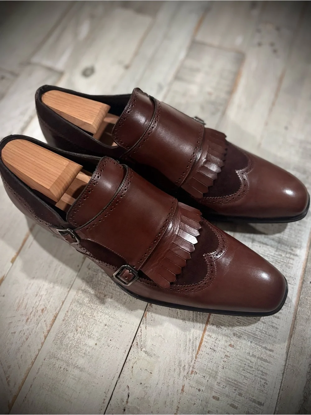 Mezlan Brown Leather Double Monk Fringe Dress Shoes. Classic and beautiful.